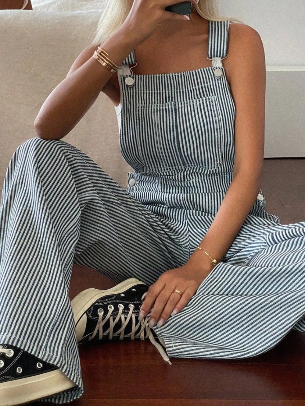 Blue Casual Women's Striped Denim Bib Pants - Picture 5 of 5